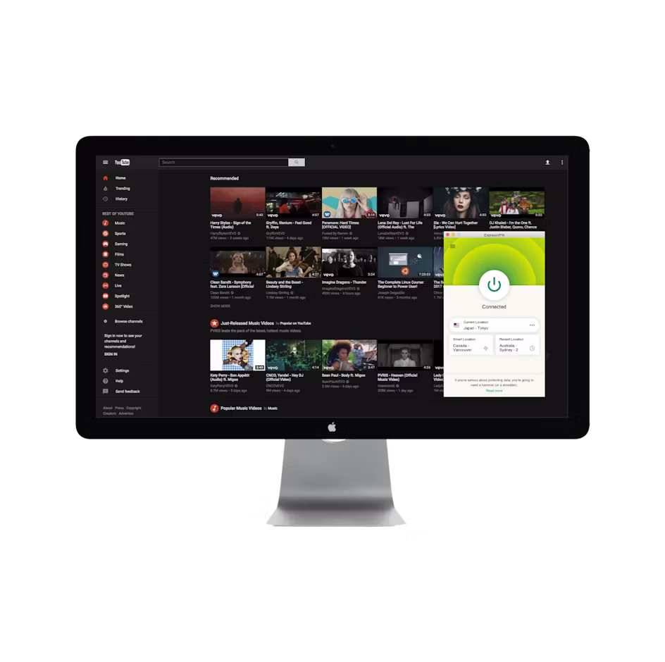 Interface Utilisateur de YouTube avec un VPN.