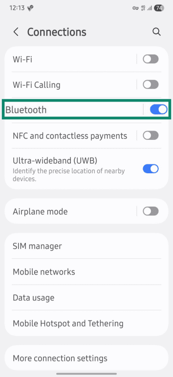 Bluetooth highlighted under Connections in Android.