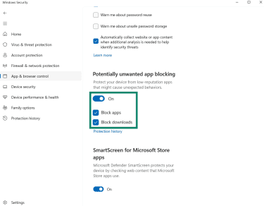 Windows Potentially unwanted app blocking settings showing toggle on with block apps and downloads enabled.