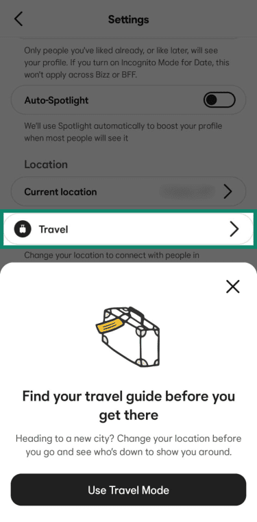 The Travel section within Bumble settings showing a suitcase illustration and a "Use Travel Mode" action button.
