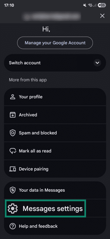 Google Messages profile menu, with Messages settings highlighted