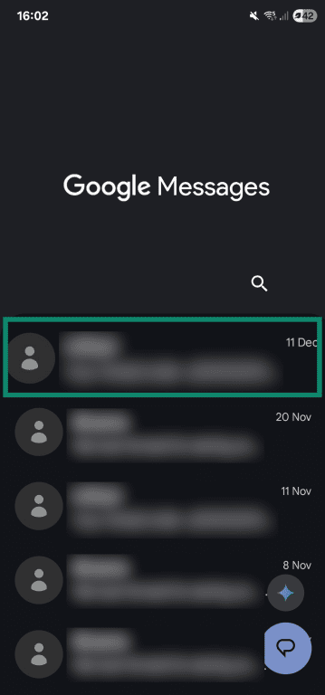Google Messages app with a conversation highlighted