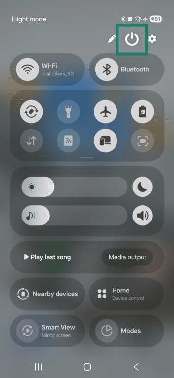 Android swipe-down menu interface on a Samsung S23 with the power options icon highlighted.