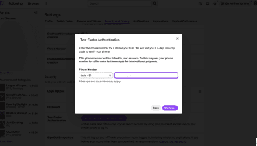 Twitch 2FA setup screen prompting user to enter phone number for verification.