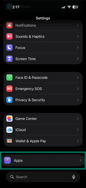 iPhone Settings screen showing Apps menu option.