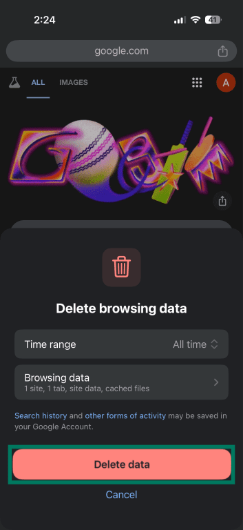 Chrome delete browsing data screen with Delete data button.
