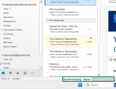 "Synchronizing 'Inbox'" option highlighted in Outlook Classic.
