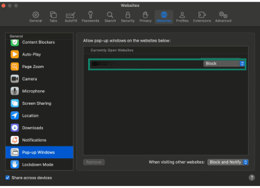 Safari Settings window open with the Websites tab selected, sidebar highlighting Pop-up Windows, showing option to Block specific sites.