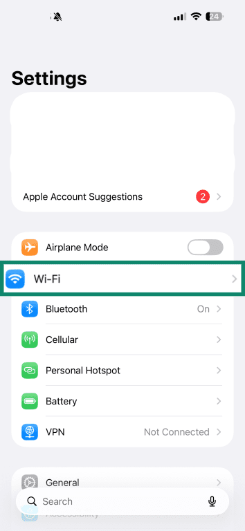 Wi-Fi option in settings on iOS