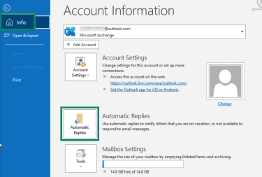 "Automatic replies" option highlighters in the Outlook Classic account information.
