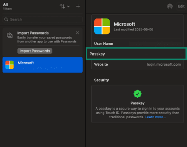 macOS Passwords app open to a specific login account with Passkeys option highlighted