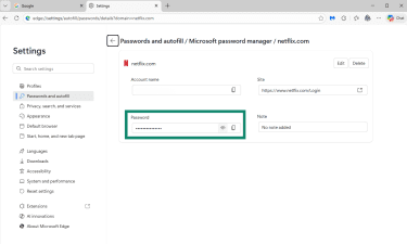 Microsoft Edge's password manager open to a specific login with the password section highlighted