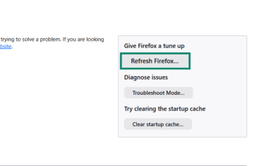 "Refresh Firefox" button highlighted in the Firefox settings.
