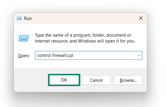 The Windows Run utility, showing the control firewall.cpl command.