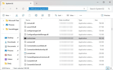 A Windows Explorer window showing the conhost.exe file located in the System32 folder