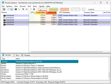 How to search for conhost.exe on Process Explorer
