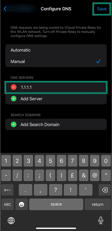 Manually configuring DNS on iOS.