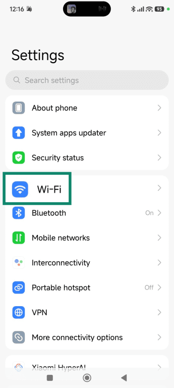 In the Android settings menu, the Wi-Fi option is highlighted.