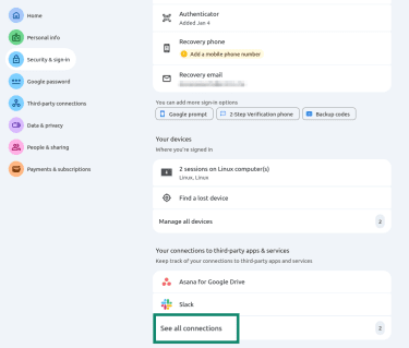 "See all connections" button highlighted in the Google account settings.