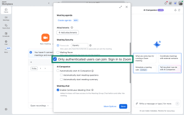 Only authenticated users can join: Sign in to Zoom checkbox in Zoom meeting settings.