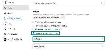 The "Clear history when Firefox closes" settings.
