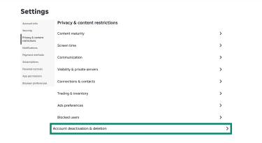 Roblox settings page showing Account deactivation and deletion option.