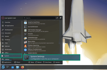 The System Settings menu from the application launcher on a Fedora KDE desktop.
