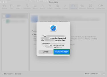 Safari pop-up notification prompting the user to open the Finder window