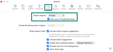 Safari Settings Search tab with search engine selection