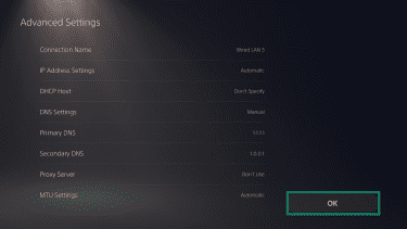 The PS5 Advanced Setting menu, highlighting "Okay' to complete changing DNS settings.