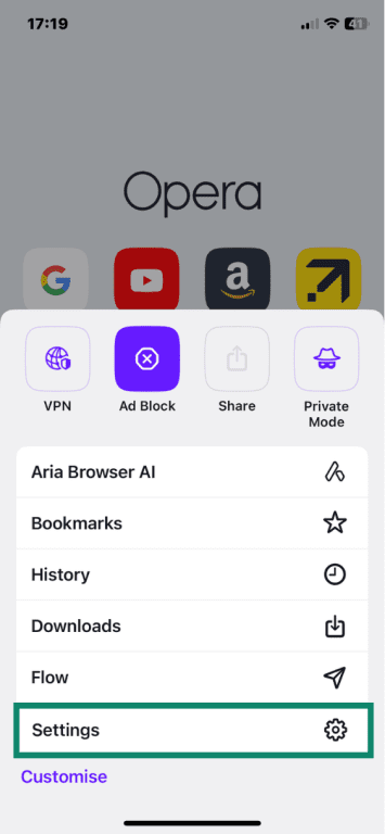 Opera on iOS with pop-up menu showing and Settings option highlighted
