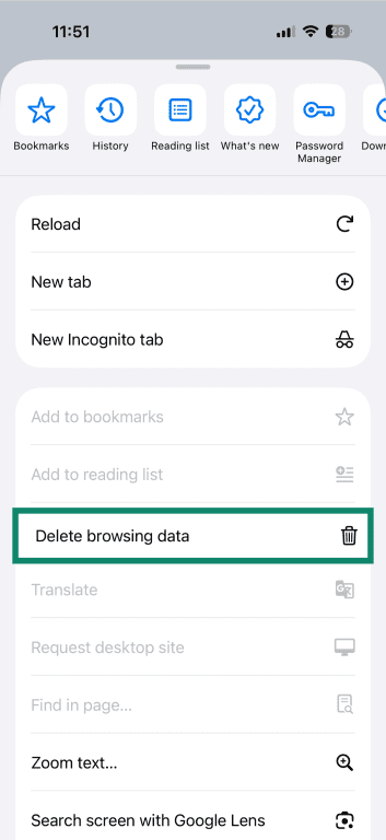 The Chrome menu on iOS, showing the "Delete browsing data" option highlighted.