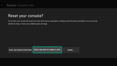 Xbox Rest your console screen with the Reset and keep my games & apps option highlighted.
