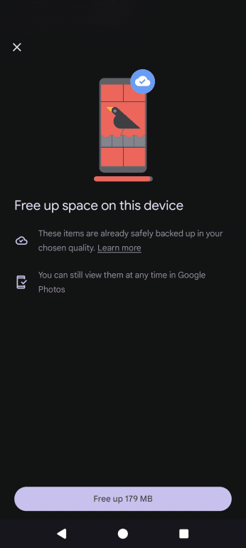 The Google Photos Free up space option, displaying the prompt to confirm your choice.