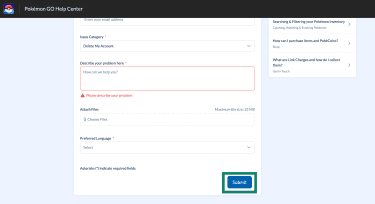 Pokémon GO help center contact form, showing the "Submit" button highlighted.
