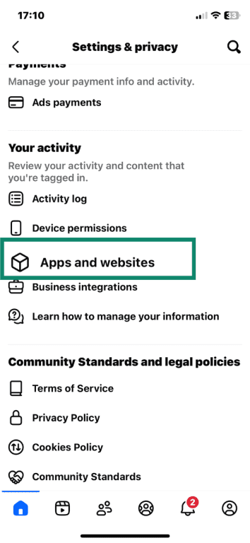 Facebook on iOS Settings & privacy menu with Apps and websites highlighted