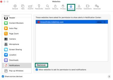 Safari Settings Websites tab with Notifications selected and site permission list showing Remove button