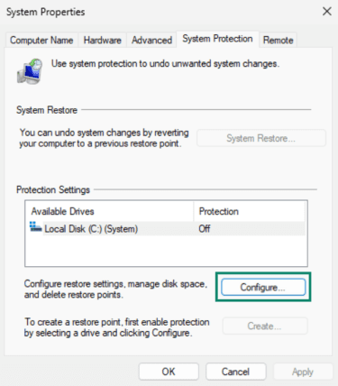 Configuring system restore on Windows.