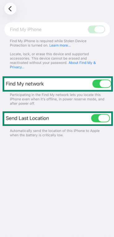 iPhone Find My Settings with Find My network and Send Last Location toggle options highlighted.