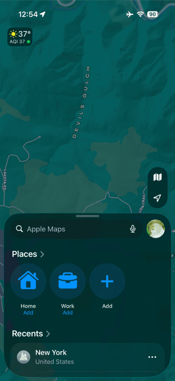 Apple maps with places and recents visible on screen