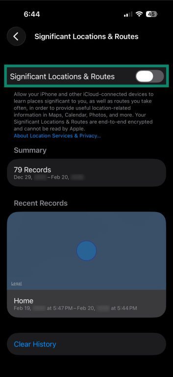 Significant Locations & Routes screen with toggle turned off