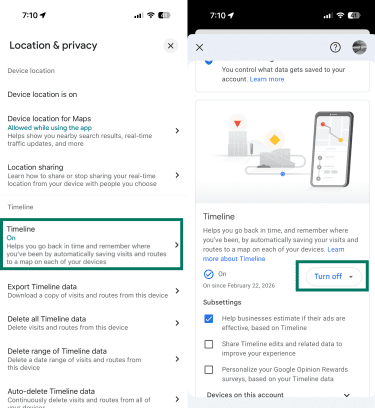 Google Maps Location & privacy screen with option to turn off Timeline