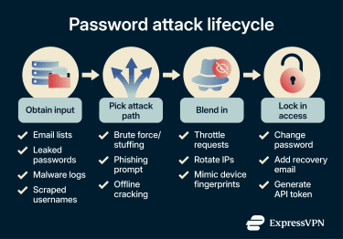 The four stages of a password attack: obtain input, pick attack path, blend in, and lock in access.