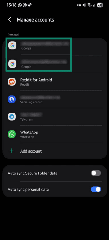 Two Google accounts highlighted in the "Manage Accounts" section of Android settings.