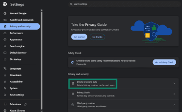 Delete browsing data setting highlighted in Google Chrome's Privacy and security menu.