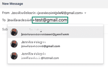 Gmail compose window showing plus email alias with +test in address field.