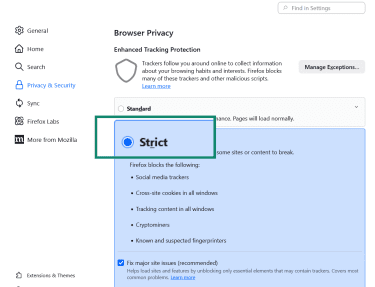 Firefox Browser Privacy settings highlighting the Strict Enhanced Tracking Protection mode, which is currently selected.