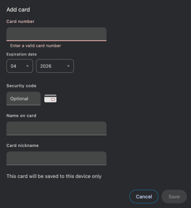Adding a credit/debit card in Google Chrome autofill settings.
