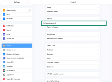 AirPlay & Handoff option under the iPad Settings' General tab.
