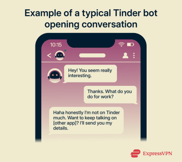 Example of a typical Tinder bot opening conversation, illustrating the escalation, the flattery, vague deflection, and immediate off-platform push.